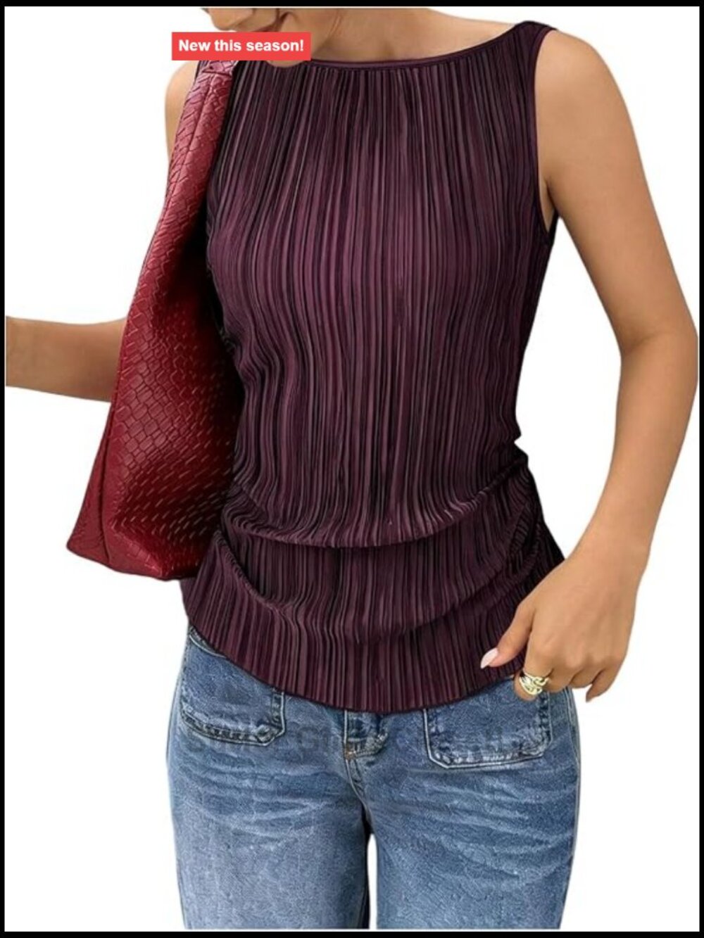 Pleated Boat Neck Sleeveless Tank Top with Lace Up Back